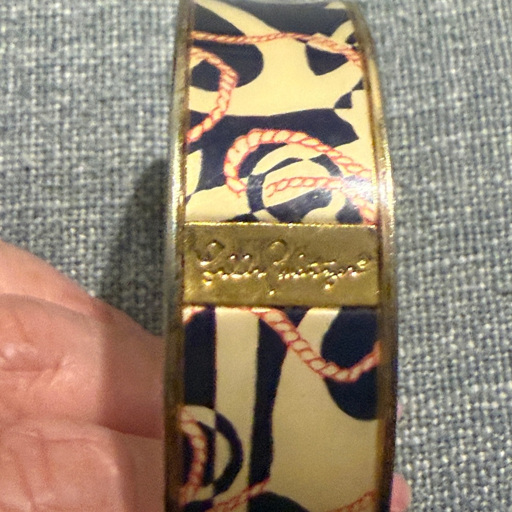 Lilly Pulitzer Navy Pink Anchor Rope Enamel Bangle Bracelet Gold Tone Preppy